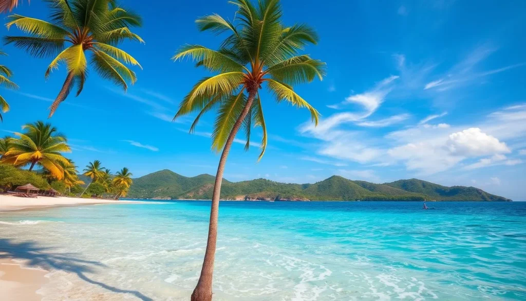 A breathtaking tropical paradise, Culebra Island is a hidden gem nestled in the turquoise waters of the Caribbean. Capture the sun-drenched beaches with soft, powdery white sand and swaying palm trees. In the foreground, showcase the crystal-clear azure waters lapping gently against the shoreline. In the middle ground, depict the lush, verdant hills and rolling landscapes dotted with vibrant flora. In the background, render the boundless, hazy blue sky with wispy, ethereal clouds. Utilize a wide-angle lens to encompass the expansive, idyllic scene. Infuse the image with a warm, golden glow and a tranquil, serene atmosphere, transporting the viewer to this enchanting tropical paradise.