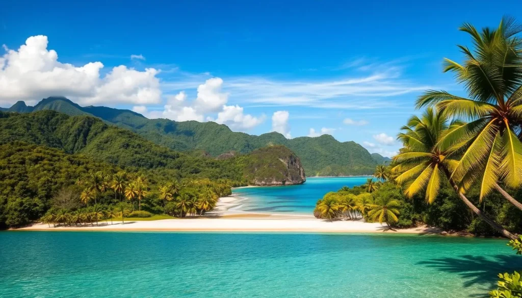 A breathtaking tropical paradise, Sibuyan Island, Philippines, nestled amidst the sparkling azure waters of the Sibuyan Sea. Lush, verdant hills rise majestically, their slopes blanketed in a tapestry of vibrant greens. In the foreground, a pristine white-sand beach stretches languidly, inviting visitors to bask in the warm, golden sunlight. Towering coconut palms sway gently, casting dappled shadows upon the tranquil shores. In the middle distance, a crystalline, turquoise lagoon shimmers, surrounded by the island's rugged, volcanic terrain. The sky above is a brilliant, cloudless expanse of cerulean blue, accentuating the island's breathtaking natural beauty. Capture the essence of this tropical paradise through a wide-angle, high-resolution lens, showcasing Sibuyan Island's stunning landscapes and serene, idyllic ambiance.