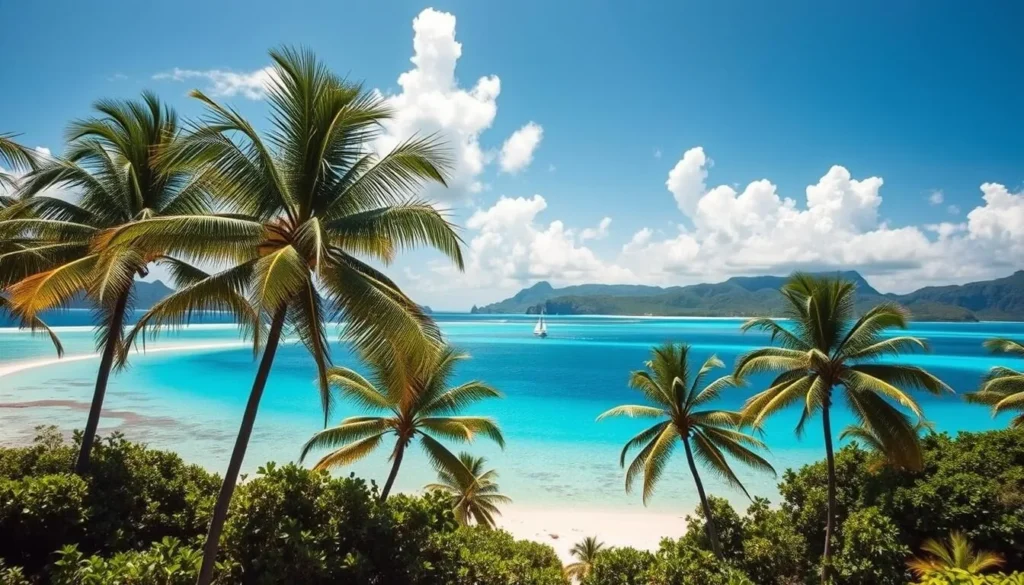 A breathtaking tropical paradise, sun-drenched palm trees sway gently in the warm ocean breeze. Crystal clear turquoise waters lap against pristine white sand beaches, inviting visitors to bask in the serenity. In the distance, lush green hills rise up, framing the scene with verdant splendor. Fluffy clouds drift across a brilliant azure sky, casting soft shadows over the idyllic landscape. A lone sailboat glides across the tranquil bay, its billowing sails catching the trade winds. This serene, picturesque island setting exudes a sense of peaceful seclusion, a true haven for those seeking to escape the stresses of everyday life.