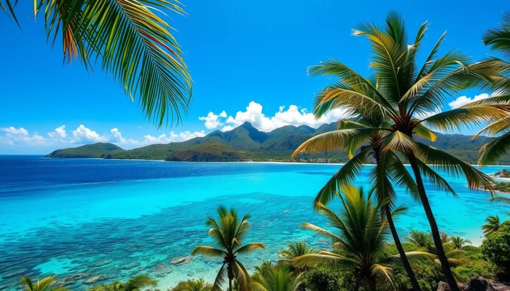A breathtaking tropical paradise, the U.S. Virgin Islands shimmer under a clear azure sky. Lush, verdant hills cascade towards crystalline turquoise waters, fringed by pristine white sand beaches. In the foreground, swaying palm trees cast dappled shadows, hinting at the idyllic island life. Sunlight glitters across the tranquil bay, accentuating the vibrant coral reefs teeming with diverse marine life. The scene exudes a sense of serene, timeless beauty, inviting the viewer to discover the wonders of this Caribbean gem.