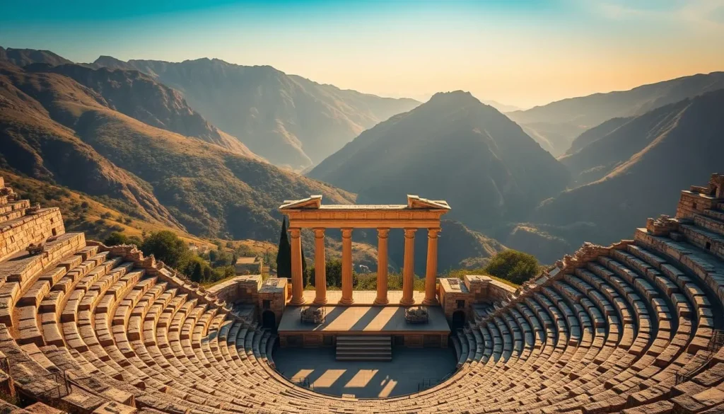 A breathtaking view of the ancient Theater of Delphi, nestled amidst the majestic mountains of Greece. The grand, semicircular structure stands tall, its weathered stone seats facing a central stage where actors and orators once captivated audiences. The warm, golden light of the sun bathes the scene, casting a serene and timeless atmosphere. In the background, the rugged, verdant slopes of the Parnassus mountain range rise, adding to the sense of grandeur and historical significance. The theater's striking architecture, with its perfect acoustics and panoramic vistas, invites visitors to imagine the vibrant performances and rituals that once took place within its hallowed walls.