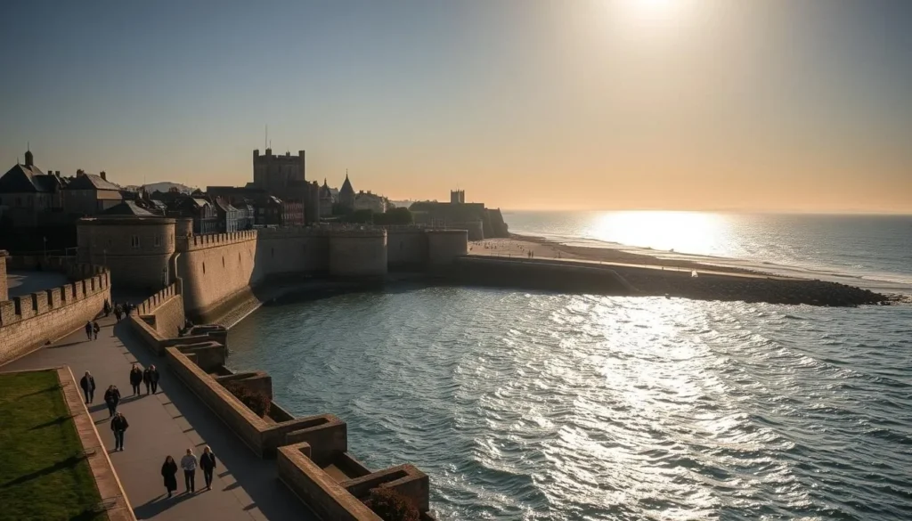 A breathtaking view of the historic fortified city of Saint-Malo, France, as the tide rolls in. The sun casts a warm glow over the ancient stone walls and ramparts, reflecting off the rippling waters of the bay. In the foreground, a group of people stroll along the picturesque promenade, taking in the stunning coastal scenery. In the middle ground, the iconic granite-clad houses and buildings of the old town rise up, their intricate architectural details accentuated by the shifting light. The background is dominated by the vast expanse of the Atlantic Ocean, its waves crashing against the rocky shoreline. The overall scene exudes a sense of timeless tranquility and natural beauty, perfectly capturing the essence of the spectacular tides that have defined this remarkable seaside destination.