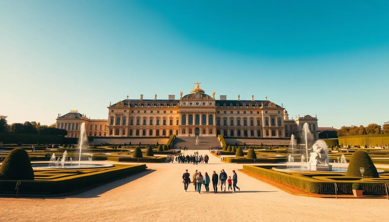 A breathtaking view of the majestic Palace of Versailles, standing tall and proud against a clear azure sky. The grand facade, adorned with intricate architectural details, is bathed in warm, golden sunlight. Expansive, meticulously landscaped gardens surround the palace, with neatly trimmed hedges and ornate fountains creating a sense of tranquility and elegance. In the foreground, a group of visitors stroll along the gravel paths, admiring the iconic structure and its stunning surroundings. The overall scene conveys a sense of grandeur, history, and the timeless beauty of this renowned French landmark.