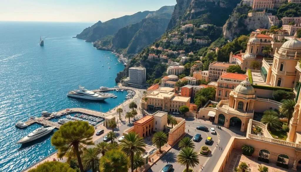 A breathtaking view of the opulent Monaco principality nestled along the shimmering azure waters of the Mediterranean Sea. Majestic yachts dot the sparkling harbor, their sails catching the gentle breeze. Towering cliffs rise dramatically, adorned with lush, verdant foliage casting soft shadows. Elegant Belle Époque architecture lines the sunny, bustling streets, exuding an air of refined sophistication. Sleek sports cars glide past iconic landmarks like the grand Prince's Palace and the famous Monte-Carlo Casino, radiating the principality's glamorous allure. Warm, golden light bathes the scene, creating a sense of timeless elegance and Mediterranean splendor.