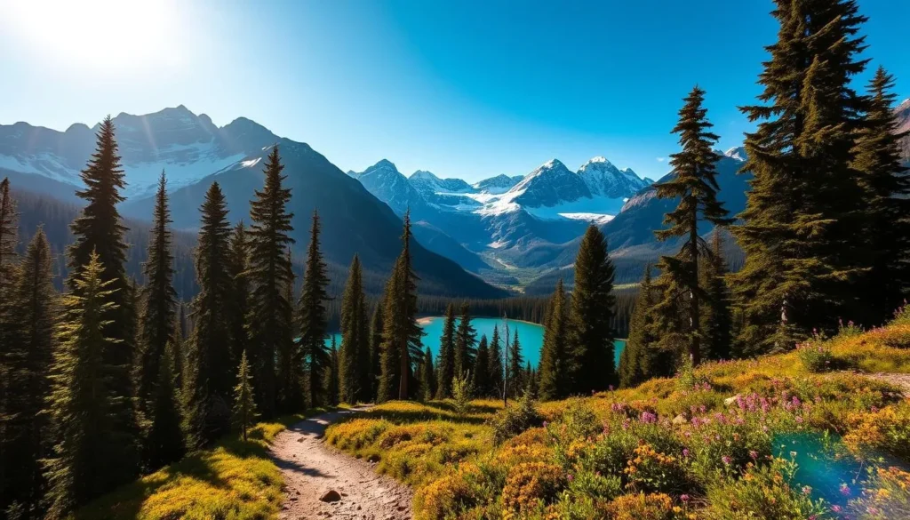 A breathtaking vista of Banff National Park's majestic mountains, their snow-capped peaks piercing the azure sky. In the foreground, a well-trodden hiking trail winds through a lush, verdant forest, dappled with sunlight filtering through the canopy. Towering pines and vibrant wildflowers line the path, inviting the adventurous hiker to explore this natural wonder. In the middle ground, a crystal-clear glacial lake reflects the surrounding peaks, its tranquil surface like a mirror. The scene is bathed in warm, golden light, creating a sense of serenity and awe. This cinematic landscape captures the essence of Banff's breathtaking hiking adventures, perfect for showcasing the park's unparalleled natural beauty.