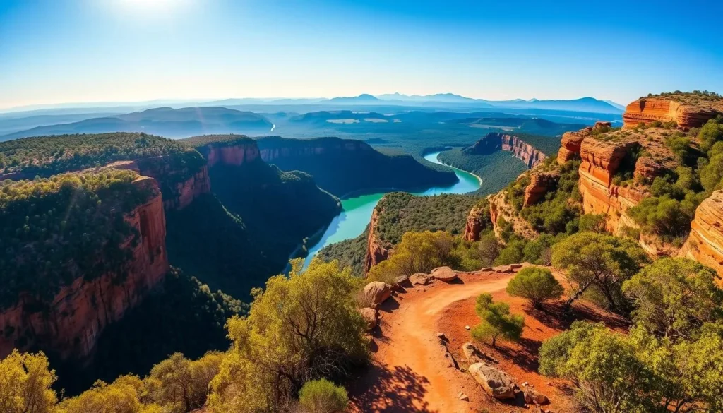 A breathtaking vista of Baruwei Lookout in Nitmiluk National Park, Northern Territory. The sun casts a warm, golden glow across the rugged sandstone cliffs and lush, verdant forests below. In the foreground, a well-maintained hiking trail winds its way through the scenic landscape, inviting visitors to explore the park on foot. The middle ground features a panoramic view of the Katherine Gorge, its clear, turquoise waters reflecting the surrounding natural beauty. In the distance, hazy blue mountains rise up, creating a picturesque backdrop. Capture the serene, awe-inspiring atmosphere of this iconic Australian destination.