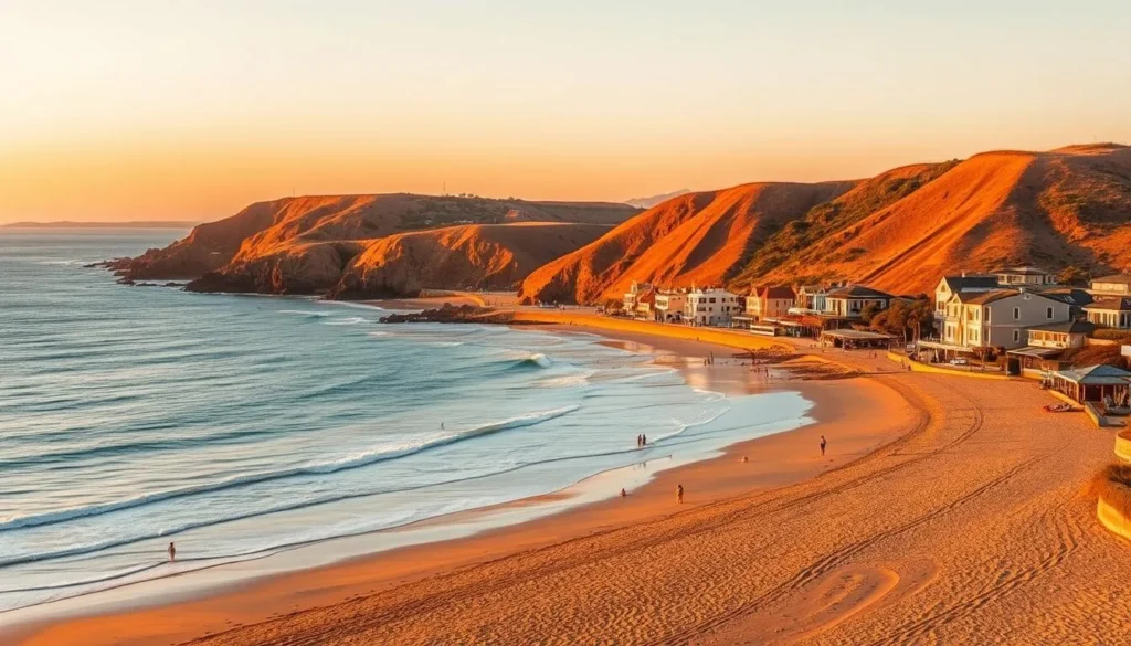 A breathtaking vista of Encinitas' picturesque coastline, bathed in the warm glow of a golden sunset. In the foreground, a pristine sandy beach stretches out, dotted with sun-seekers and beachgoers enjoying the gentle waves. The middle ground features a row of charming, pastel-hued beach houses and shops, their vibrant colors reflecting in the tranquil ocean. In the background, the majestic cliffs of Encinitas rise up, their rugged, earthy tones contrasting with the serene blue of the Pacific. Overhead, a cloudless sky fills with the warm hues of dusk, creating a serene and enchanting atmosphere. Capture the essence of Encinitas' coastal charm with a timeless, picturesque scene.