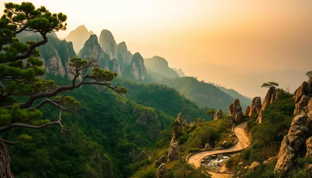 A breathtaking vista of Huangshan's iconic granite peaks, their rugged silhouettes bathed in warm golden light. Lush forests of ancient pine and gnarled, twisted trees cling to the steep slopes, creating a serene and timeless landscape. In the foreground, a winding path leads through tranquil valleys, flanked by delicate rock formations and crystalline streams. The scene is infused with a sense of tranquility and wonder, inviting the viewer to immerse themselves in the natural beauty of this UNESCO World Heritage Site.