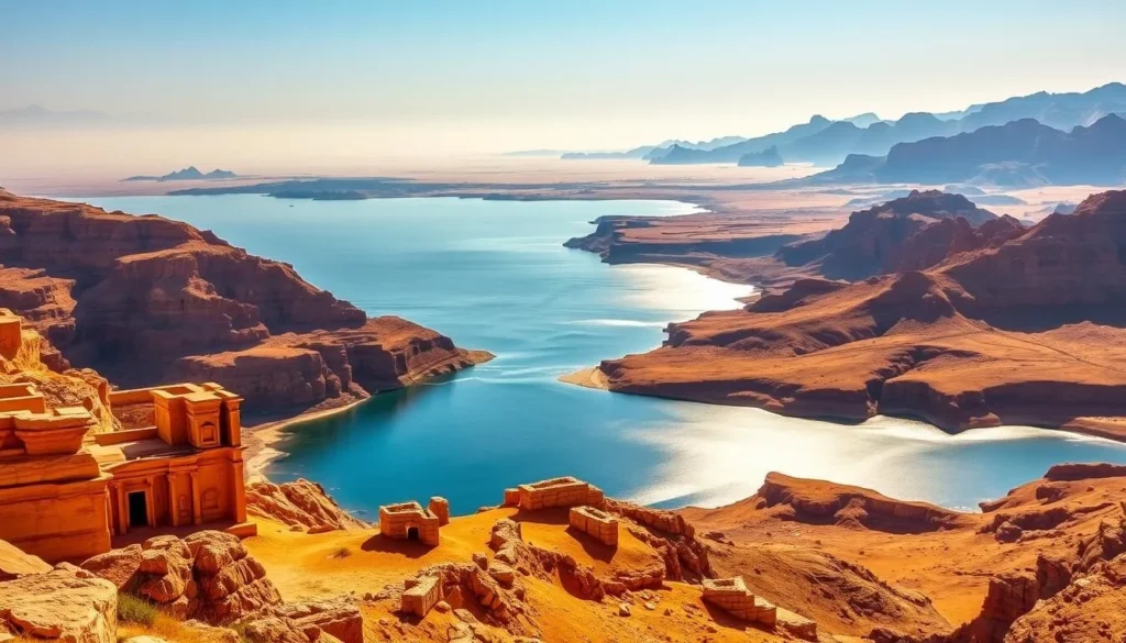 A breathtaking vista of Jordan's iconic natural wonders. In the foreground, the ancient ruins of Petra's sandstone monuments stand majestically against a clear azure sky. Mid-frame, the serene waters of the Dead Sea shimmer in the warm sunlight, surrounded by rugged desert hills. In the distance, the dramatic canyons and rock formations of Wadi Rum stretch out, casting long shadows across the golden sands. Warm, diffused lighting illuminates the scene, capturing the timeless, awe-inspiring beauty of this remarkable land.
