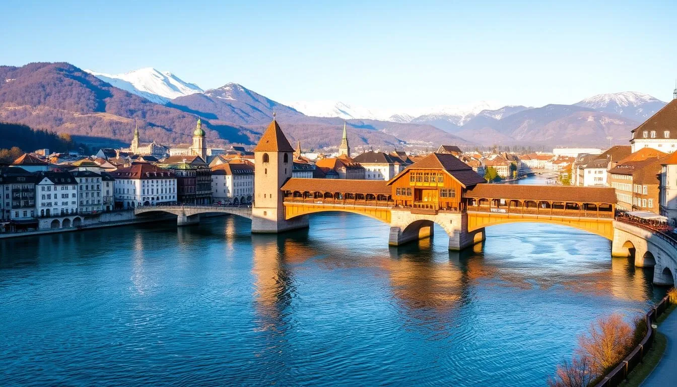 A breathtaking vista of Lucerne, Switzerland, showcasing the city's picturesque landscape. In the foreground, the tranquil waters of the Reuss River reflect the vibrant colors of the historic buildings lining its banks. The middle ground features the iconic Kapellbrücke, a wooden footbridge adorned with a pointed roof and triangular gables, casting intricate shadows on the river below. In the background, the majestic snow-capped peaks of the Swiss Alps rise majestically, bathed in the warm glow of the afternoon sun. The scene exudes a sense of timeless charm and serene beauty, capturing the essence of Lucerne's renowned cityscape.