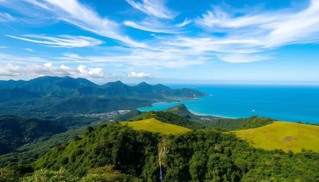 A breathtaking vista of Mindanao Island, where the lush, verdant landscape is bathed in the warm glow of the sun. In the foreground, rolling hills dotted with vibrant foliage and cascading waterfalls create a serene and picturesque scene. The middle ground is characterized by towering, majestic mountains, their peaks capped with wispy clouds that seem to dance across the azure sky. In the distance, the azure waters of the surrounding seas shimmer and glisten, inviting exploration. The overall atmosphere is one of tranquility and natural wonder, capturing the essence of the best time to visit this enchanting Philippine destination.