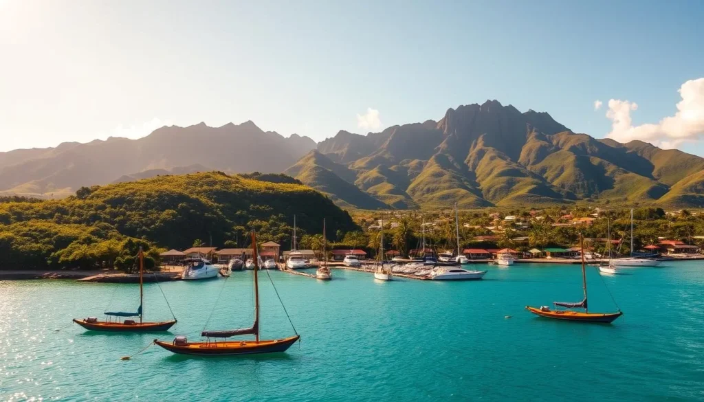 A breathtaking vista of Pago Pago Harbor, nestled amidst the lush, verdant hills of American Samoa. The turquoise waters sparkle in the warm, golden sunlight, inviting visitors to gaze upon the tranquil scene. In the foreground, traditional Samoan outrigger canoes dot the harbor, their vibrant colors reflecting in the still surface. The middle ground features the bustling town, with its colorful buildings and swaying palm trees. In the distance, the rugged, volcanic mountains rise majestically, creating a dramatic backdrop to this picturesque harbor view. The overall atmosphere exudes a sense of serene, tropical paradise, perfectly capturing the essence of this breathtaking scenic viewpoint.