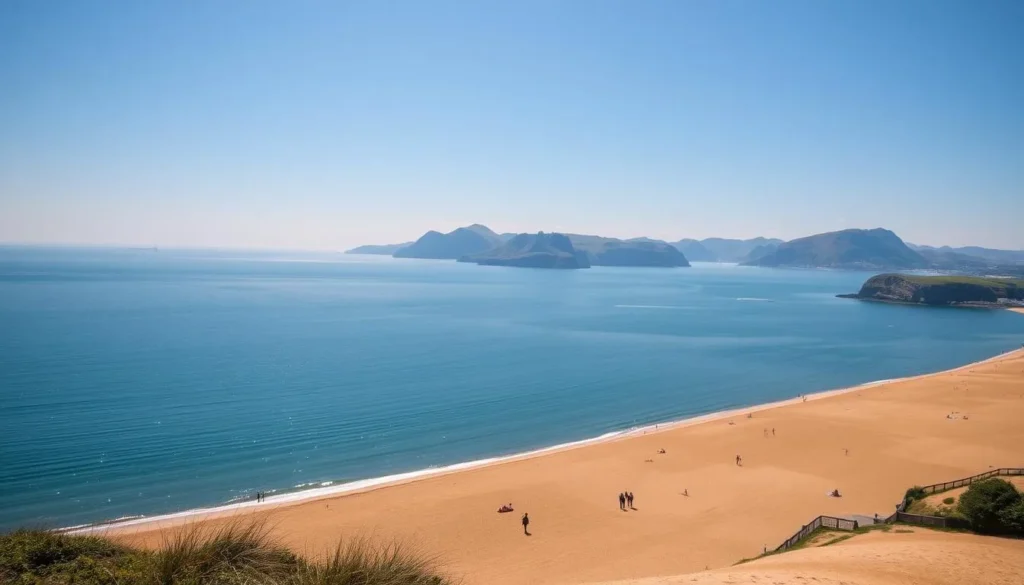 A breathtaking vista of Swansea Bay, Wales, on a sunny day. In the foreground, the golden sand of the beach stretches out, dotted with people enjoying the warmth. The middle ground features the tranquil waters of the bay, reflecting the azure sky above. In the distance, the iconic headlands and cliffs of the Gower Peninsula rise up, their rugged beauty contrasted by the serene atmosphere. The scene is bathed in a soft, natural light, capturing the essence of this picturesque seaside destination. A wide-angle lens provides a panoramic view, drawing the viewer into the calming and rejuvenating atmosphere of Swansea's coastal gem.