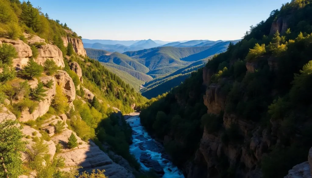 A breathtaking vista of the New River Gorge National Park, captured on a sunny day. In the foreground, the rushing waters of the New River carve through the rugged, sandstone cliffs, creating a dramatic, natural amphitheater. The middle ground features lush, verdant forests that cling to the steep canyon walls, their vibrant foliage reflecting the warm, golden light. In the distance, the sweeping panorama reveals the expansive, mountainous landscape, with rolling hills and peaks that stretch out to the horizon. The scene is imbued with a sense of tranquility and grandeur, showcasing the park's stunning natural beauty and geological wonders.