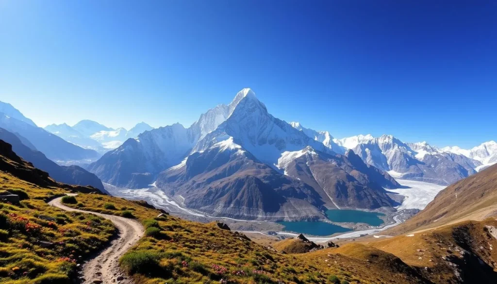 A breathtaking vista of the majestic Khumbu region in Nepal, under a clear azure sky. In the foreground, a winding trail snakes through lush alpine meadows, dotted with vibrant wildflowers. Rugged, snow-capped peaks rise majestically in the middle ground, their jagged silhouettes casting dramatic shadows. Shimmering glaciers and azure lakes complement the scene, creating a serene and awe-inspiring landscape. Warm, directional lighting illuminates the scene, accentuating the textures and colors of the environment. Capture this picturesque moment of trekking in the Khumbu region, a true testament to the breathtaking beauty of Nepal's high-altitude wilderness.