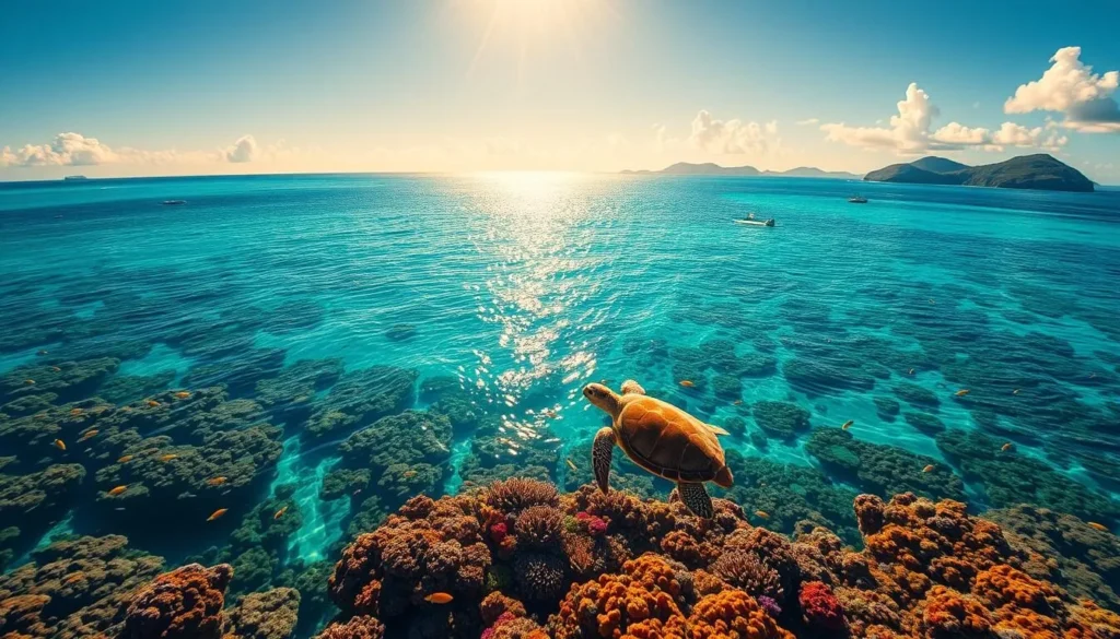 A breathtaking vista of the vibrant, crystalline waters of the Great Barrier Reef, shimmering under the warm, golden rays of the sun. Vividly hued coral formations and schools of tropical fish teeming with life dance below the surface, creating a mesmerizing underwater tableau. In the foreground, a majestic sea turtle gracefully glides through the tranquil, turquoise depths, showcasing the incredible biodiversity of this natural wonder. The middle ground features a diverse array of marine life, while the distant horizon is framed by the lush, verdant islands of Queensland, Australia. Capture the essence of this awe-inspiring, vibrant ecosystem in a serene, photorealistic composition.