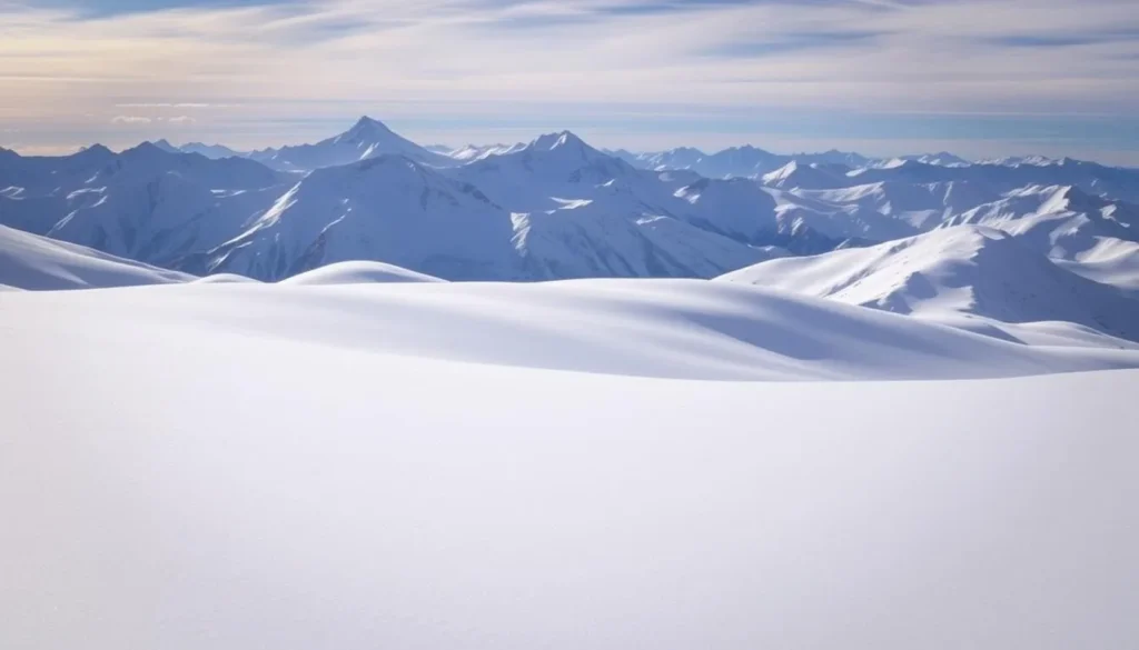 A breathtaking winter landscape of Powder Mountain, Utah, showcasing its iconic terrain. In the foreground, a gently undulating field of pristine, powdery snow, sparkling under the soft, natural light. Mid-ground, majestic, snow-capped peaks rise majestically, their rugged, angular forms casting dramatic shadows across the scene. In the distance, a hazy blue sky, dotted with wispy clouds, completes the serene and awe-inspiring vista. The overall atmosphere evokes a sense of tranquility, adventure, and the pure, untamed beauty of this renowned winter wonderland.