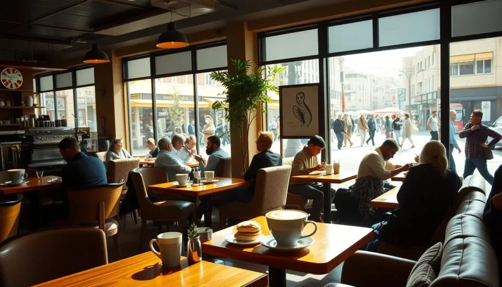 A bustling Amman cafe, sunlight streaming through large windows, patrons savoring freshly brewed coffee and local pastries. Wooden tables and plush armchairs create a cozy, inviting atmosphere. Baristas expertly crafting intricate latte art, the scent of roasted beans permeating the air. In the background, a view of the city's vibrant streets, people strolling by, capturing the essence of Amman's rich coffee culture. A 35mm lens captures the scene, creating a warm, cinematic feel. The image conveys a sense of leisurely indulgence, local tradition, and the vibrant energy of this Jordanian capital.