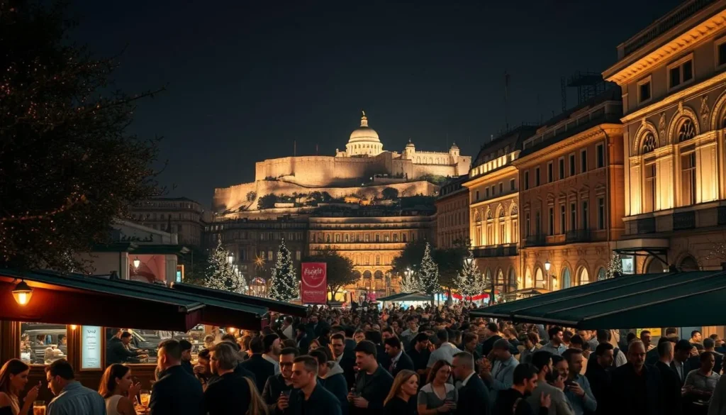 A bustling Ankara nightscape, illuminated by the warm glow of twinkling lights. In the foreground, lively crowds spill out from trendy cafes and bars, sipping local Turkish coffee and cocktails. Mid-ground, the grand facades of historic buildings are bathed in a soft, ambient lighting, hinting at the city's rich cultural heritage. In the background, the iconic silhouette of the Ankara Citadel stands proud, watching over the vibrant nightlife unfolding below. Capture the energy, sophistication, and timeless allure of Ankara's nighttime revelry through a cinematic, wide-angle lens.