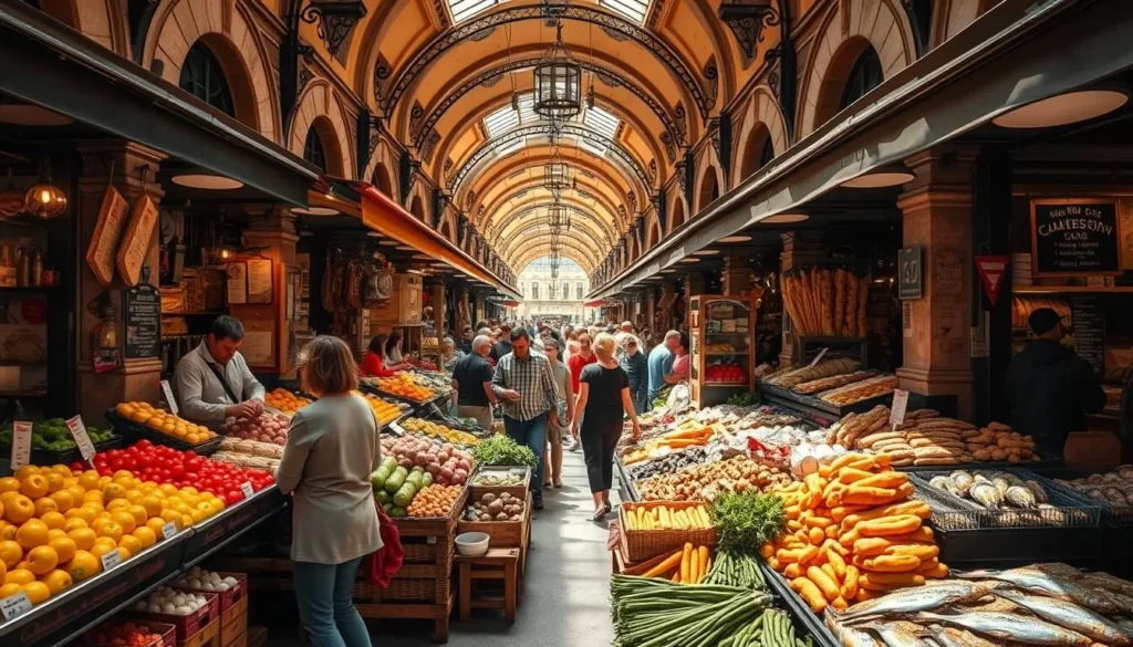 A bustling Barcelona food market, sun-dappled stalls overflowing with vibrant produce, artisanal breads, and sizzling seafood. Capture the lively atmosphere, with locals and tourists alike browsing the bounty, the air thick with the scents of garlic, saffron, and freshly ground spices. Position the viewer amid the colorful chaos, framed by the market's weathered stone archways and intricate ironwork. Showcase the scene with a wide-angle lens, bathed in warm, natural light that casts dramatic shadows and highlights the textures of the fresh ingredients. Convey the energy and excitement of this authentic culinary experience at the heart of vibrant Barcelona.