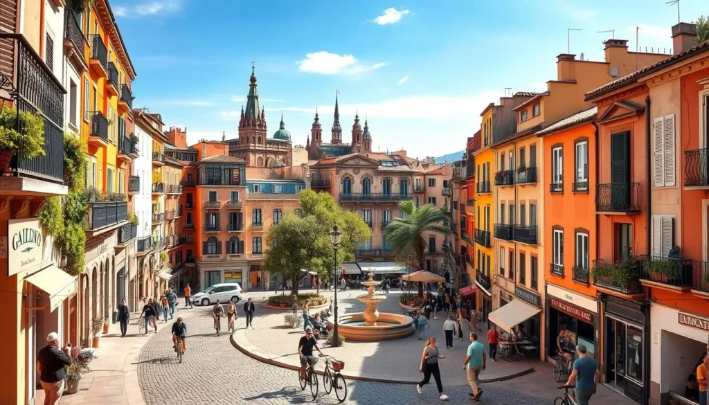 A bustling Barcelona neighborhood under a bright, sun-dappled sky. In the foreground, cobblestone streets wind between vibrant, colorful buildings with ornate, wrought-iron balconies and lush potted plants. Pedestrians and cyclists casually go about their day, adding to the lively, pedestrian-friendly atmosphere. In the middle ground, a charming plaza comes into view, with a central fountain and people gathered around outdoor cafes. The background reveals the distinctive architecture of the city, with towering spires and domes peeking out above the rooftops, creating a picturesque, quintessentially Barcelona scene.