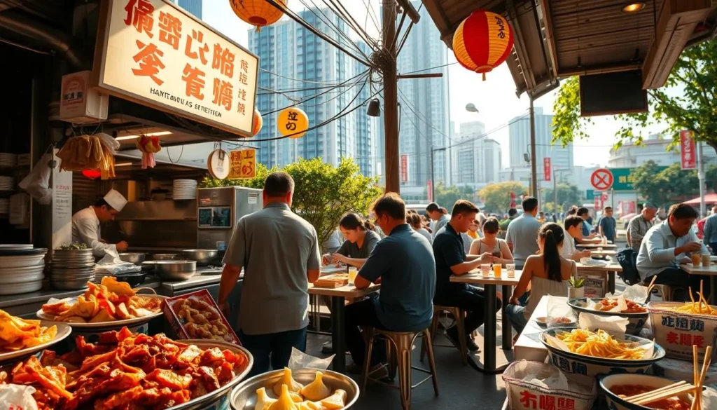 A bustling Cantonese street-side eatery, bathed in warm afternoon sunlight. Vibrant, steaming dishes of char siu, dumplings, and noodles fill the foreground, tempting passersby. In the middle ground, friendly chefs prepare fresh ingredients, while patrons sit at intimate tables, savoring the authentic flavors. The background reveals a lively urban scene, with towering skyscrapers and lush greenery peeking through. Evoke the sights, sounds, and aromas of a quintessential Shenzhen culinary adventure, captured through a crisp, photojournalistic lens.