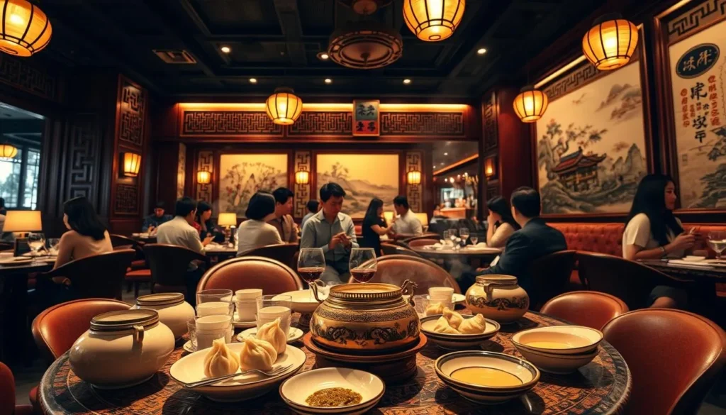 A bustling Chinese restaurant in Singapore, illuminated by soft, warm lighting. The foreground showcases a table set with authentic Chinese dishware, steaming dumplings, and fragrant tea. In the middle ground, guests converse animatedly, immersed in the lively atmosphere. The background reveals elegant decor, intricate wall carvings, and traditional Chinese landscape paintings, creating an immersive cultural experience. Captured with a wide-angle lens, the scene conveys the essence of a authentic Chinese dining experience in the heart of Singapore.