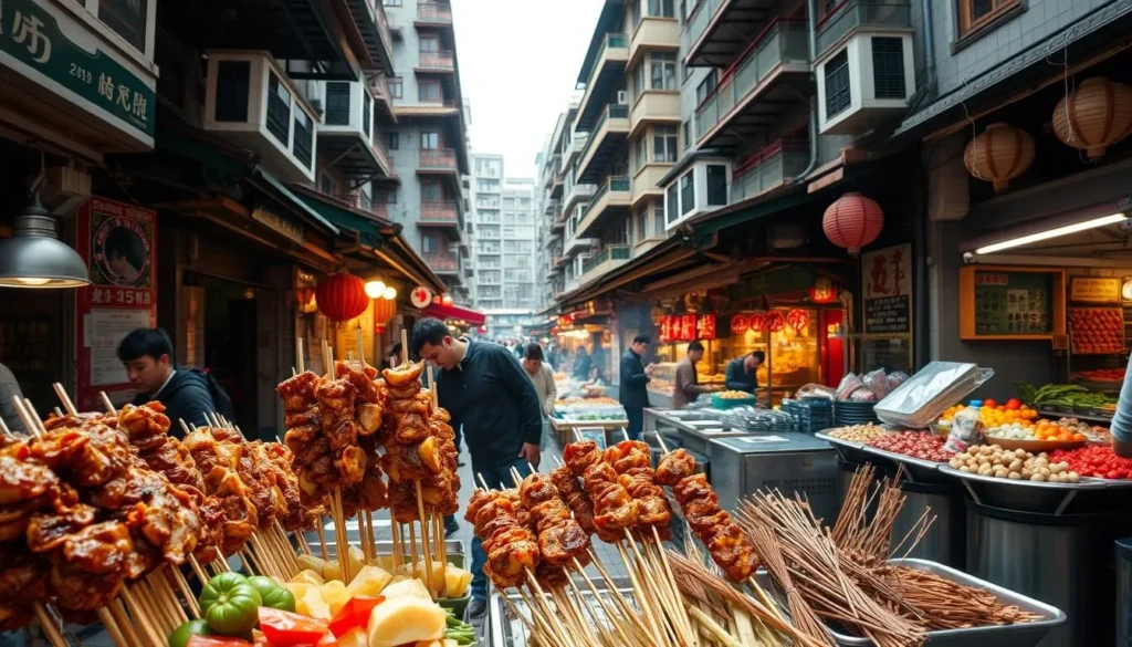 A bustling Chongqing street scene, showcasing the vibrant culinary diversity beyond the city's renowned hot pot. In the foreground, vendors sell freshly grilled skewers of spiced meats and fragrant vegetables, sizzling under warm, natural lighting. The middle ground features a lively open-air market, with stalls overflowing with local produce, pickled delicacies, and aromatic spices. In the background, traditional multi-story buildings with intricate architectural details frame the scene, creating an authentic Chongqing atmosphere. The overall mood is one of energy, culture, and the enticing aromas of Sichuan cuisine, inviting the viewer to explore this dynamic culinary landscape.
