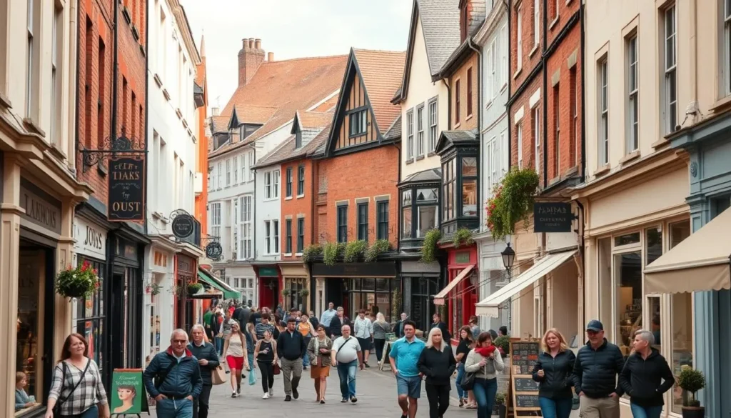 A bustling Exeter shopping district on a pleasant day, with a diverse array of independent boutiques, traditional pubs, and cafes lining the picturesque High Street. Capture the quaint, historic architecture framing the scene, complemented by pedestrians strolling leisurely and browsing the enticing storefronts. Use a wide-angle lens to showcase the charming, lively atmosphere, with natural lighting illuminating the vibrant colors and details. Convey a sense of timeless European ambiance, inviting the viewer to immerse themselves in the quintessential Exeter shopping experience.