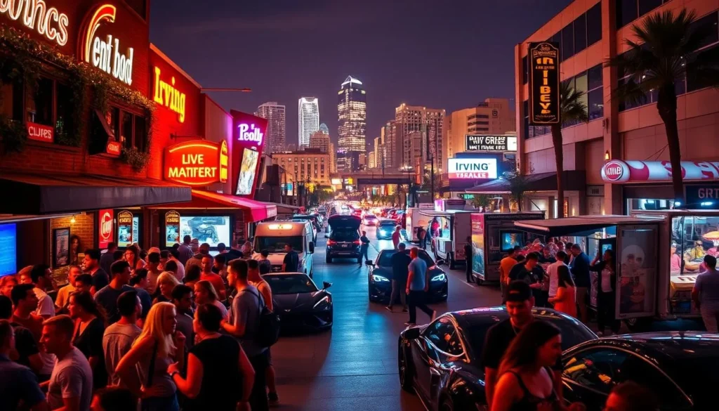 A bustling Irving nightlife scene, captured in vivid detail. In the foreground, patrons spill out from the lively bars and clubs, their laughter and chatter filling the air. Neon signs cast a warm glow, illuminating the faces of the crowds. In the middle ground, sleek sports cars and trendy food trucks line the streets, catering to the vibrant energy of the night. In the background, the skyline of Irving's modern high-rises rises, creating a dynamic contrast between the urban landscape and the lively street-level activity. The scene is bathed in a soft, golden light, lending an inviting and festive atmosphere. Capture the essence of Irving's thriving nightlife, where entertainment, dining, and socializing converge in a captivating display.