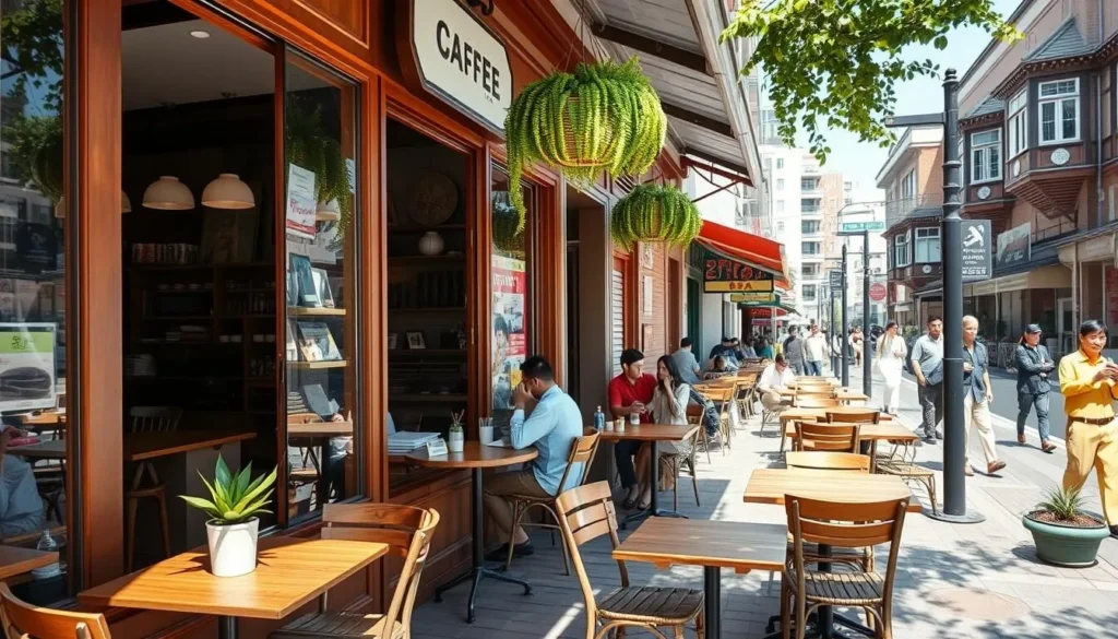 A bustling Kōtō-ku café on a bright, sunny day. Wooden tables and chairs spill out onto a lively sidewalk, abuzz with locals and tourists sipping coffee and nibbling on delicate pastries. The storefront features large windows showcasing the cozy, intimate interior - natural light floods the space, highlighting the warm wooden accents and vintage decor. Potted plants and hanging baskets add pops of greenery, creating a relaxed, neighborhood ambiance. In the background, the distinctive architecture of Kōtō-ku's historic buildings frames the scene, hinting at the rich cultural heritage of the area.