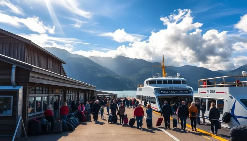 A bustling Picton ferry terminal set against the backdrop of the Marlborough Sounds. The terminal's weathered wooden structure and gleaming steel accents stand in contrast to the serene, lush hills that rise up behind it. Sunlight filters through wispy clouds, casting a warm glow over the scene. Passengers can be seen boarding and disembarking ferries, their luggage in tow, eager to explore the tranquil waterways and picturesque towns of the region. The overall atmosphere conveys a sense of adventure and discovery, inviting the viewer to imagine the journey that lies ahead.