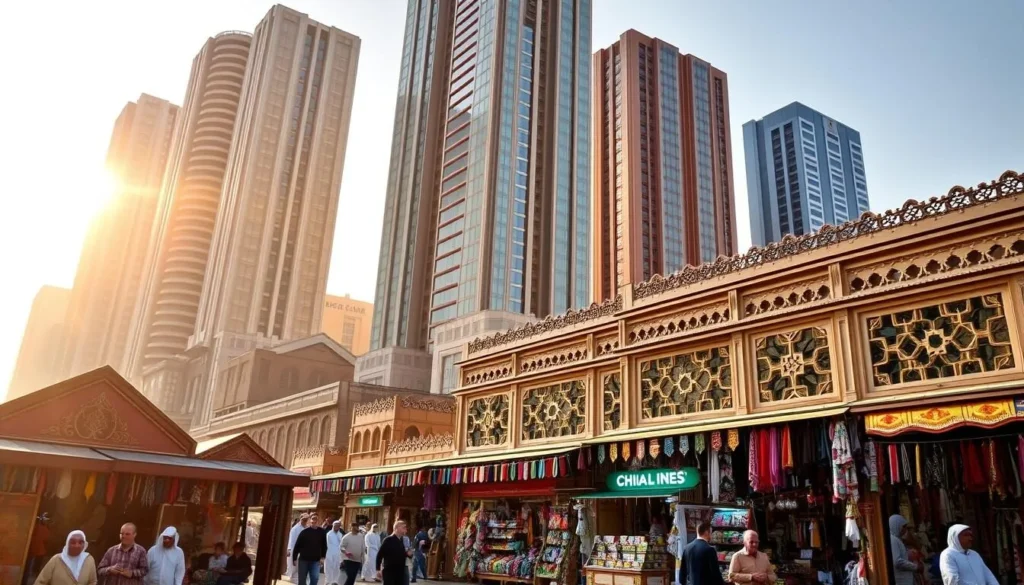 A bustling Riyadh shopping district on a pleasant day, with towering modern skyscrapers in the background casting long shadows across the bustling streets below. In the foreground, colorful open-air markets and traditional Arabic-style buildings line the streets, filled with shoppers and vendors selling an array of local wares and delicacies. The warm sunlight filters through the scene, creating a vibrant, lively atmosphere. Zoom in on the intricate architectural details, the ornate window frames, and the vibrant fabrics and textiles on display. Capture the energy and energy of this thriving commercial hub in the heart of Saudi Arabia.