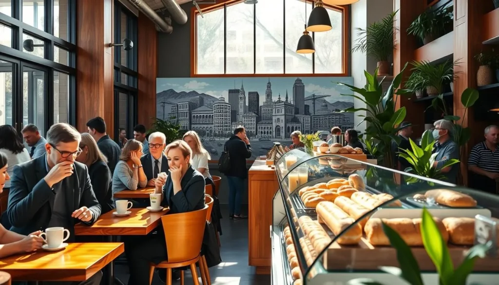 A bustling Wellington cafe, sunlight streaming through large windows, highlighting the rich wooden accents and sleek, modern furnishings. In the foreground, patrons sipping expertly crafted coffee beverages, engaged in lively conversation. The middle ground showcases a display of freshly baked pastries and artisan breads, enticing passersby. In the background, a mural depicting iconic Wellington landmarks adds a touch of local flavor, while natural greenery and potted plants create a welcoming, relaxed atmosphere. The scene conveys the vibrant, sophisticated coffee culture that defines Wellington's thriving food and drink scene.