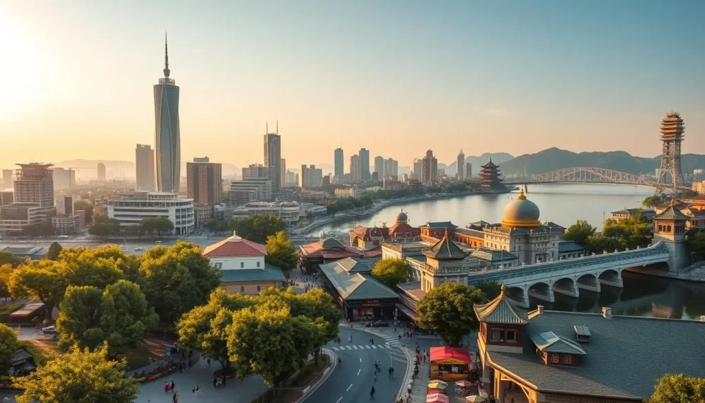 A bustling Wuhan cityscape bathed in warm afternoon light, with the majestic Yangtze River winding through the heart of the metropolis. Towering skyscrapers and historical landmarks coexist harmoniously, creating a captivating blend of modern and traditional architecture. In the foreground, pedestrians stroll along tree-lined promenades, while the middle ground features vibrant street markets and lively cafes. In the distance, the iconic Wuhan Yangtze River Bridge and the iconic Yellow Crane Tower stand as proud symbols of the city's rich cultural heritage. The scene exudes a sense of energy, progress, and timeless elegance, inviting the viewer to discover the hidden gems that make Wuhan a true gem of China.
