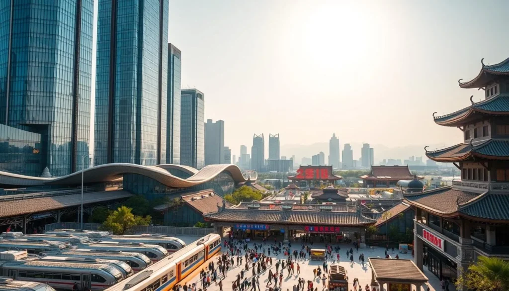 A bustling Zhengzhou Transportation Hub nestled in the heart of an ancient capital, bathed in warm afternoon light. Towering glass-and-steel structures stand alongside traditional Chinese architecture, creating a harmonious blend of old and new. In the foreground, a bustling plaza teems with people navigating between sleek, high-speed trains and elegant public transportation. The middle ground reveals intricate, curved roofs and vibrant signage, while the background showcases the city's iconic skyscrapers and distant mountains, hinting at Zhengzhou's rich history and modern transformation. Capture the energy, modernity, and cultural essence of this thriving transportation hub, a testament to the city's evolution.