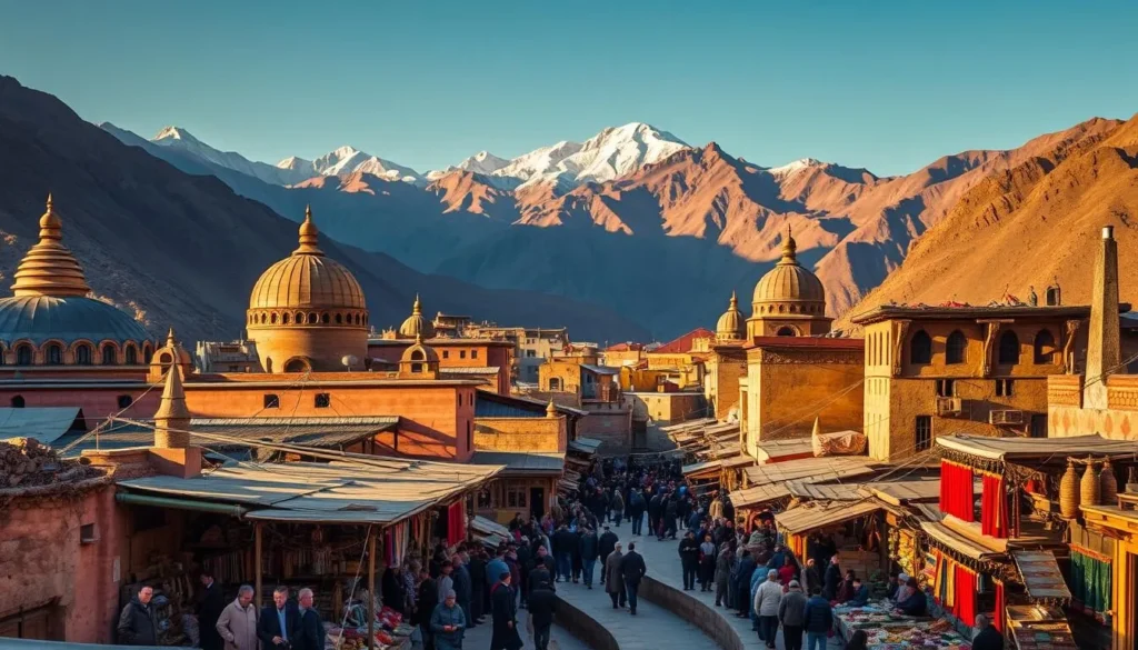 A bustling ancient Silk Road city nestled between towering mountains, with domed roofs, minarets, and colorful market stalls lining narrow, winding streets. The warm, golden light of the sun casts long shadows, illuminating the intricate architecture and the vibrant garments of the merchants and locals going about their daily lives. In the foreground, a lively bazaar showcases a diverse array of handcrafted textiles, spices, and artisanal goods, while in the background, the majestic peaks of the Pamir Mountains loom, creating a stunning natural backdrop. The scene exudes an atmosphere of timeless cultural exchange and historical significance, capturing the essence of this ancient Silk Road city.