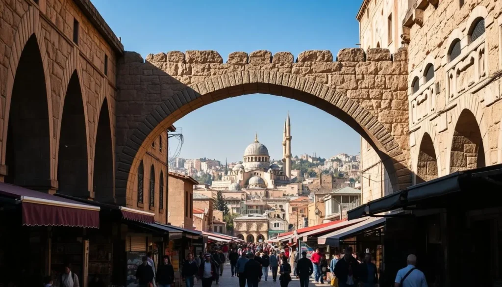 A bustling ancient city nestled between towering stone walls, Damascus shines under the warm afternoon sun. In the foreground, intricate stone archways frame lively market stalls, their canopies casting playful shadows. Pedestrians weave through the throngs, navigating the labyrinth of narrow alleyways. In the middle ground, the iconic Umayyad Mosque stands tall, its grand dome and minarets reaching skyward. Beyond, the city's historic skyline rises, a patchwork of domes, minarets, and rooftops. The scene exudes a timeless, enchanting atmosphere, inviting the viewer to discover the ageless wonder of Damascus.
