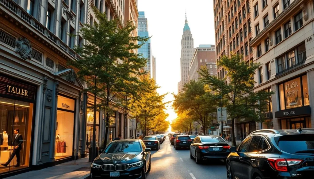 A bustling avenue lined with grand, ornate façades of high-end retail stores. Elegant window displays showcasing the latest luxury fashions and accessories. Polished black cars and well-dressed pedestrians strolling along the sidewalks, bathed in warm, golden afternoon light. Towering skyscrapers and lush street trees in the background provide a dynamic urban backdrop. Capture the opulent, sophisticated atmosphere of this premier shopping destination in Manhattan. A bustling avenue lined with grand, ornate façades of high-end retail stores. Elegant window displays showcasing the latest luxury fashions and accessories. Polished black cars and well-dressed pedestrians strolling along the sidewalks, bathed in warm, golden afternoon light. Towering skyscrapers and lush street trees in the background provide a dynamic urban backdrop. Capture the opulent, sophisticated atmosphere of this premier shopping destination in Manhattan.
