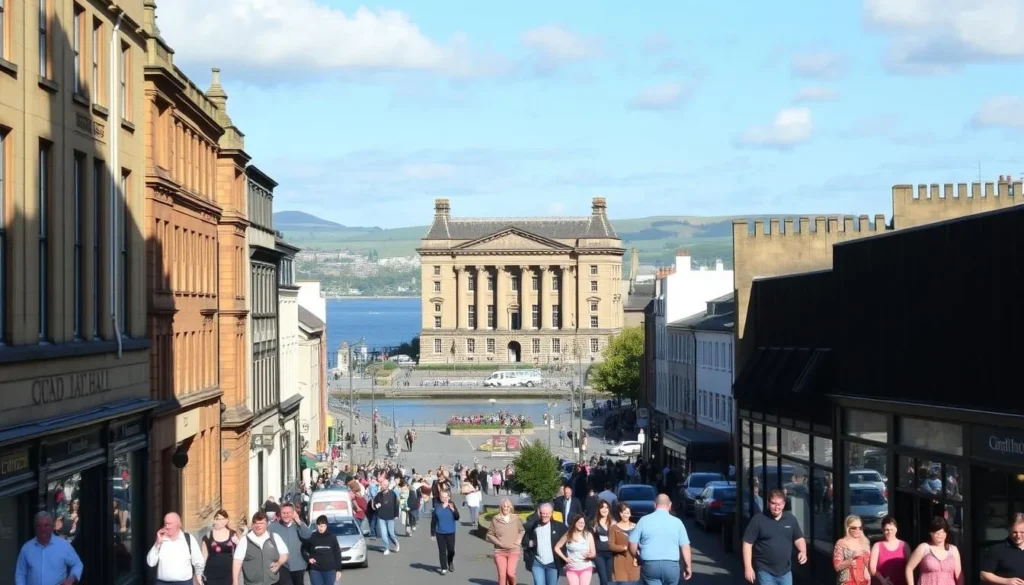 A bustling city center in Dundee, Scotland, on a bright and sunny day. In the foreground, pedestrians stroll along the lively streets, surrounded by a mix of traditional and modern architecture. Towering sandstone buildings with intricate facades line the sidewalks, casting warm, soft shadows. In the middle ground, the iconic Caird Hall stands tall, its grand neoclassical design a testament to the city's cultural heritage. In the background, the serene River Tay glistens, with the rolling hills of Fife visible in the distance. The scene is bathed in natural light, creating a welcoming and vibrant atmosphere that captures the essence of Dundee's hidden charm.