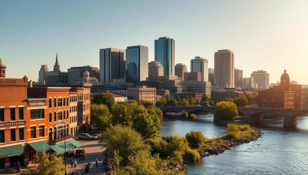 A bustling city skyline of Cedar Rapids, Iowa, on a bright and sunny day. In the foreground, a quaint historic district with brick buildings and charming storefronts. The middle ground features the iconic Cedar River, its banks lined with lush greenery and people enjoying outdoor activities. In the background, the modern skyscrapers of the city's financial district rise majestically, casting long shadows across the scene. The lighting is warm and golden, creating a welcoming and inviting atmosphere. The composition captures the harmonious blend of Cedar Rapids' rich history and vibrant present, showcasing its unique character as Iowa's hidden gem.