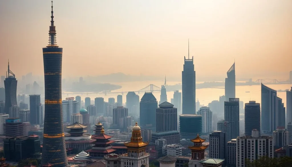 A bustling city skyline of Guangzhou, China, captured in a panoramic view. The iconic Canton Tower rises majestically in the foreground, its sleek design and vibrant LED lighting casting a warm glow over the scene. In the middle ground, a blend of traditional and modern architecture creates a visually striking contrast, with historic temples and pagodas nestled among towering skyscrapers. The background is dominated by the Pearl River, its shimmering waters reflecting the city's vibrant energy. The lighting is soft and warm, creating a serene and inviting atmosphere, with a slight haze that adds to the sense of depth and atmosphere. The overall composition conveys the harmony between Guangzhou's ancient roots and its dynamic, forward-looking spirit.