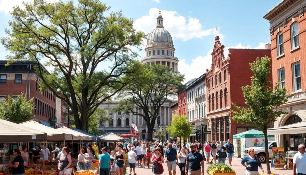 A bustling city square in Columbia, Missouri on a sunny afternoon. In the foreground, a lively farmers market with colorful produce and artisanal goods. People stroll leisurely, sampling local delicacies and chatting with vendors. In the middle ground, historic buildings line the streets, their brick facades and ornate architecture exuding a charming, small-town ambiance. Towering shade trees dot the landscape, casting a warm, dappled light across the scene. In the background, the iconic dome of the Missouri State Capitol Building rises up, a testament to the city's proud heritage. An atmosphere of community, culture, and discovery permeates the air, inviting visitors to immerse themselves in Columbia's captivating essence.