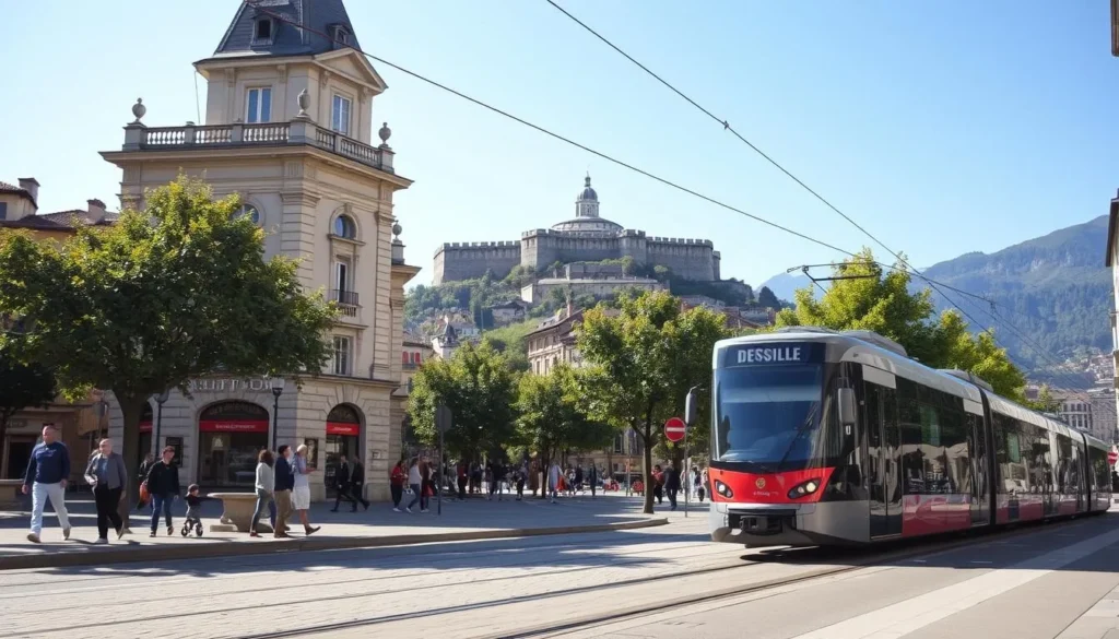 A bustling city square in Grenoble, France, on a sunny afternoon. In the foreground, a modern tram glides smoothly along the rails, its sleek design and vibrant colors standing out against the historic architecture. In the middle ground, pedestrians stroll along the tree-lined sidewalks, enjoying the lively atmosphere. In the background, the iconic Bastille fortress sits atop a hill, overlooking the cityscape. The scene is bathed in warm, natural lighting, creating a inviting and welcoming ambiance. Capture the efficient and sustainable transportation system that helps Grenoble maintain its charming, pedestrian-friendly character.