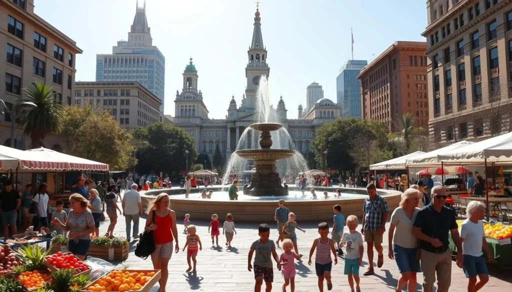 A bustling city square in Indianapolis, bathed in warm sunlight. In the foreground, families stroll through a lively farmer's market, browsing colorful produce and handcrafted goods. The middle ground features a grand, historic fountain surrounded by children playing and splashing in the cool water. In the background, the iconic Indianapolis City Hall and other stately buildings provide a picturesque backdrop. The scene is vibrant and inviting, capturing the family-friendly spirit of the city. Crisp, realistic details and a balanced, natural composition create a welcoming atmosphere.