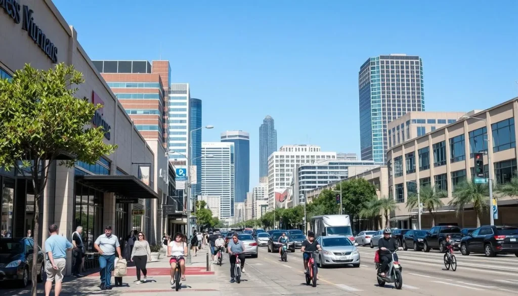 A bustling city street in Irving, Texas on a bright, sunny day. In the foreground, pedestrians stroll along the sidewalks, stopping to window shop at local boutiques and cafes. Bicyclists and electric scooters zip past, weaving through the steady flow of traffic. In the middle ground, modern high-rises and office buildings line the street, their glass facades reflecting the clear blue sky. In the distance, the iconic Las Colinas skyline rises up, a testament to the city's thriving business district. The scene is alive with energy and activity, capturing the vibrant, walkable nature of this dynamic urban center.