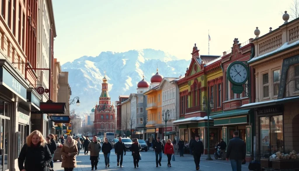 A bustling city streetscape in Harbin, China on a crisp, sunny day. In the foreground, pedestrians stroll past charming local shops and cafes, their breath visible in the chilly air. In the middle ground, ornate Russian-influenced architecture lines the streets, its vibrant colors and intricate details bathed in warm natural light. In the background, snow-capped mountains rise majestically, hinting at the region's stunning natural beauty. The scene conveys the lively, cultural atmosphere of Harbin, inviting the viewer to explore its unique sights, sounds, and flavors as a savvy traveler. A bustling city streetscape in Harbin, China on a crisp, sunny day. In the foreground, pedestrians stroll past charming local shops and cafes, their breath visible in the chilly air. In the middle ground, ornate Russian-influenced architecture lines the streets, its vibrant colors and intricate details bathed in warm natural light. In the background, snow-capped mountains rise majestically, hinting at the region's stunning natural beauty. The scene conveys the lively, cultural atmosphere of Harbin, inviting the viewer to explore its unique sights, sounds, and flavors as a savvy traveler.