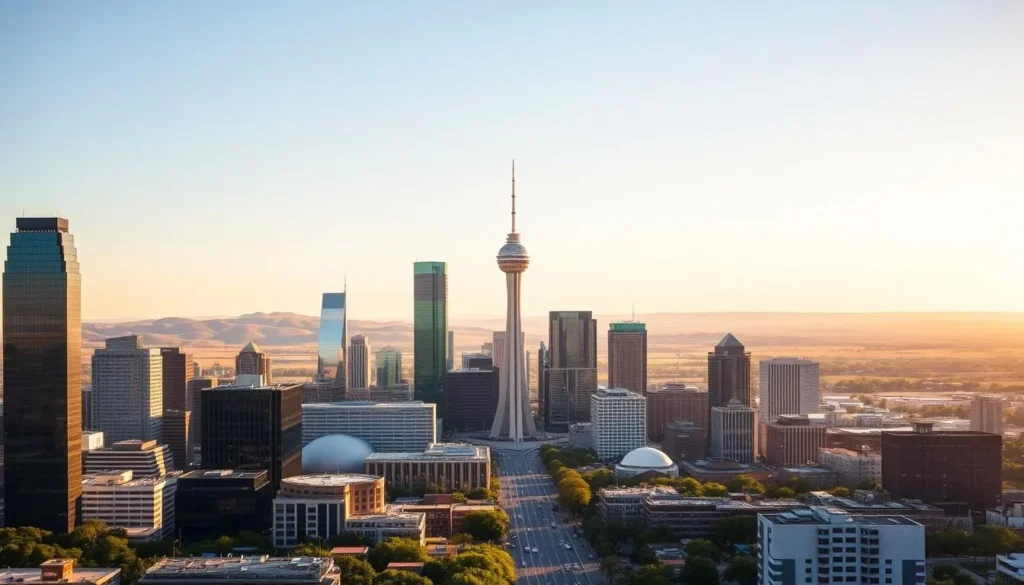 A bustling cityscape in warm, golden light, showcasing the iconic architecture and landmarks of the Dallas-Fort Worth metroplex. In the foreground, the striking silhouettes of skyscrapers and modern high-rises rise against a clear, azure sky. The middle ground features the distinctive shapes of landmark buildings like the Dallas Museum of Art and the Reunion Tower, surrounded by lush greenery and bustling streets. In the background, the rolling hills and expansive horizon of the Texas landscape provide a picturesque backdrop, creating a harmonious blend of urban and natural elements. The scene conveys a sense of energy, vibrancy, and the dynamic appeal of this thriving metropolitan area, perfect for a day trip from the nearby city of Irving.
