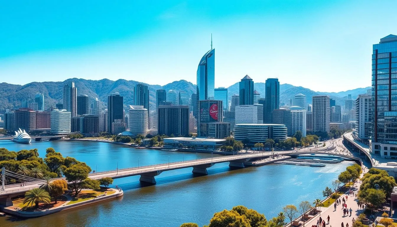 A bustling cityscape of Brisbane, Queensland, Australia on a bright, sun-drenched day. In the foreground, iconic landmarks such as the Story Bridge and the Brisbane River are prominently featured, with people strolling along the riverbanks and enjoying the scenic views. The middle ground showcases the sleek, modern high-rise buildings of the central business district, their glass facades reflecting the azure sky. In the background, the lush, verdant hills and mountains of the region frame the scene, creating a picturesque and harmonious landscape. The image should convey a sense of vibrant energy, urban sophistication, and natural beauty that encapsulates the essence of Brisbane's top attractions.