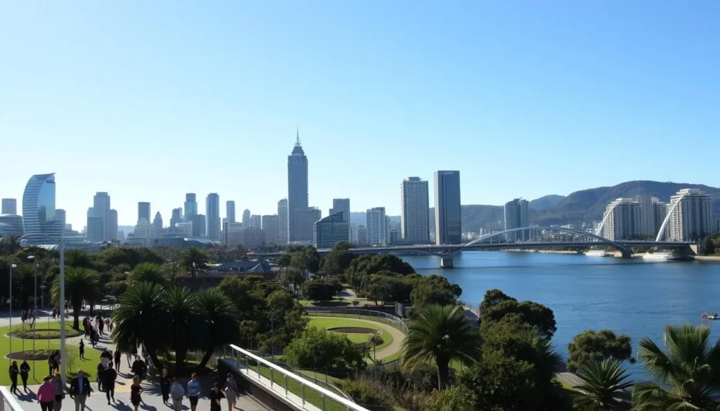 A bustling cityscape of Brisbane, Queensland, Australia. In the foreground, people stroll along the scenic riverbanks, taking in the sights and sounds of the city. Towering skyscrapers and modern architecture create a striking skyline, reflecting the sun's warm glow. The iconic Story Bridge spans the tranquil Brisbane River, its arched structure a testament to the city's engineering prowess. In the middle ground, lush, verdant parks and gardens offer a peaceful respite from the urban energy. The background is framed by rolling hills and a clear, azure sky, creating a harmonious blend of natural and man-made elements. The overall scene exudes a vibrant, welcoming atmosphere, inviting the viewer to immerse themselves in the unique charm of Brisbane.